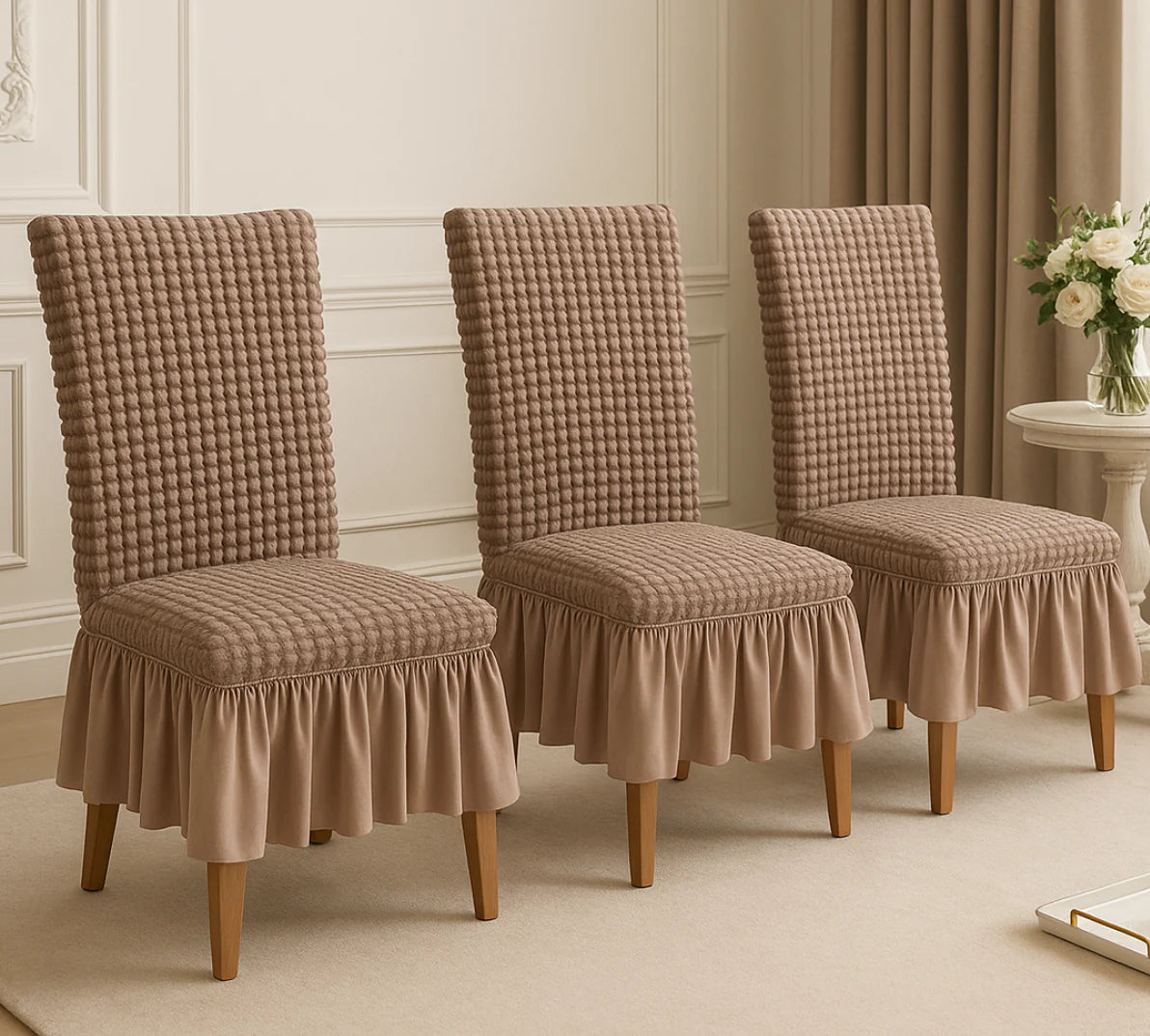 Housse de chaise avec détail de jupe – Parfaite pour les mariages, les fêtes et la décoration intérieure.